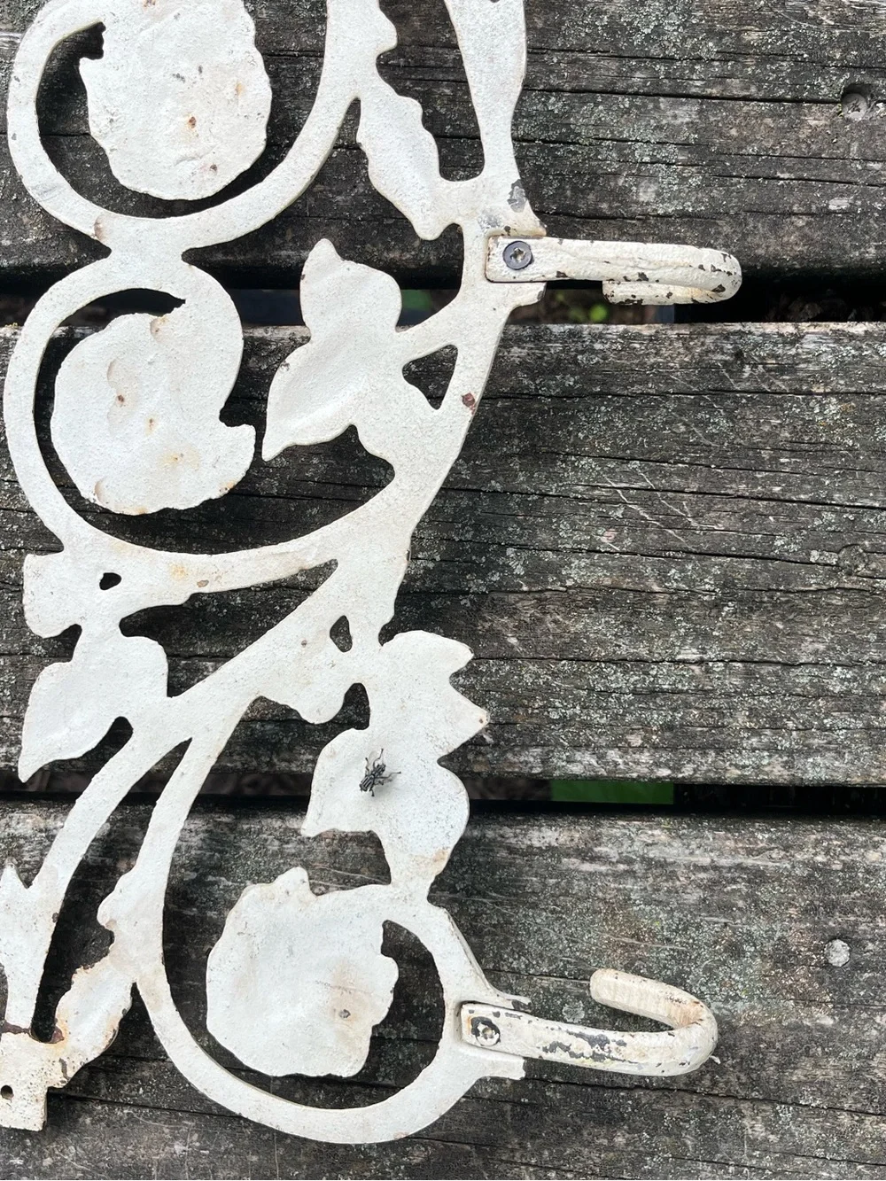 Vtg Cast Iron Wall Hook Rack 20 1/2” x 8 1/2” Shabby Rustic Farmhouse Floral